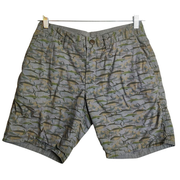 Reyn Spooner Reversible Cotton 8.5" Shorts Olive Green Shark Fish Sz 30 Vacation - Picture 1 of 12